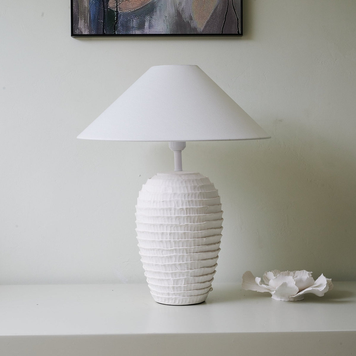 Nivara Ripple Ceramic Table Lamp with Linen Shade for Modern Interiors