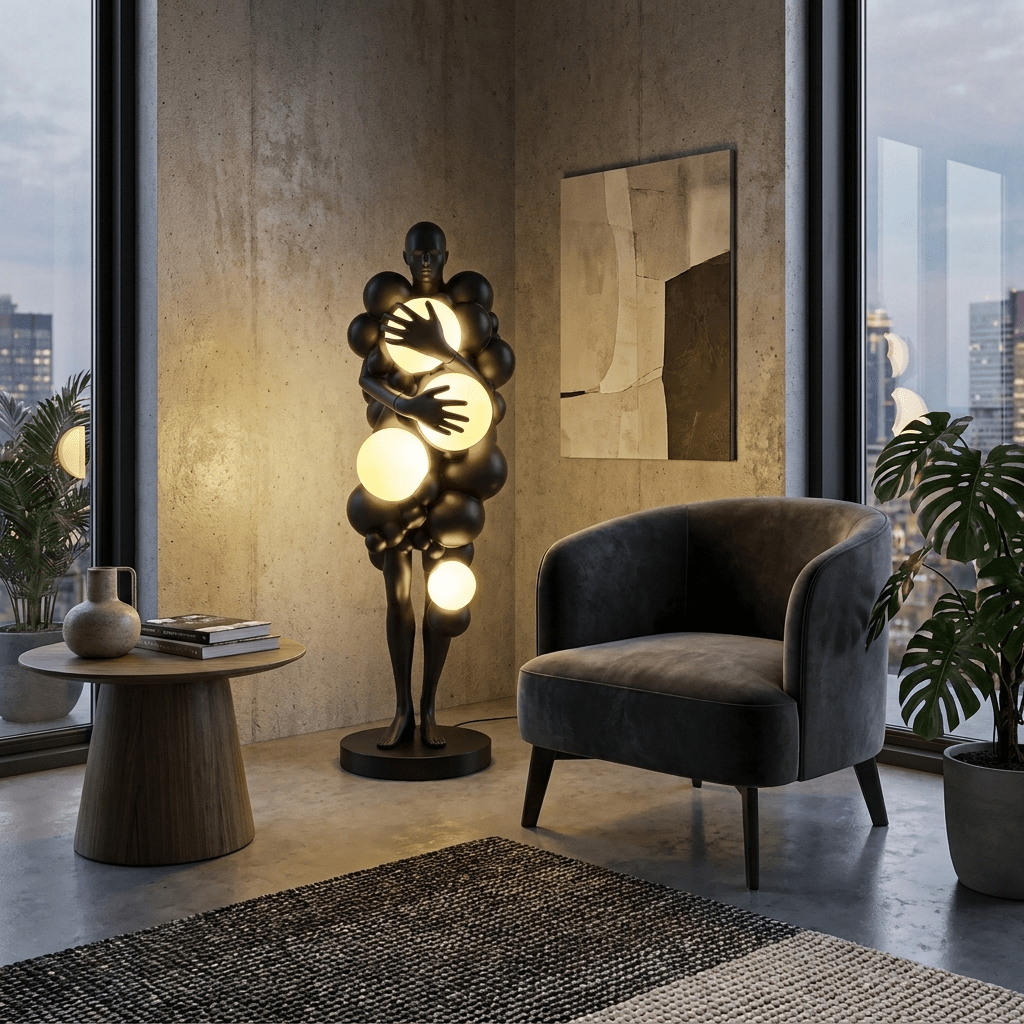 Nocturne Bloom Sculptural Floor Lamp, Matte Black Fiberglass with Glowing Orbs