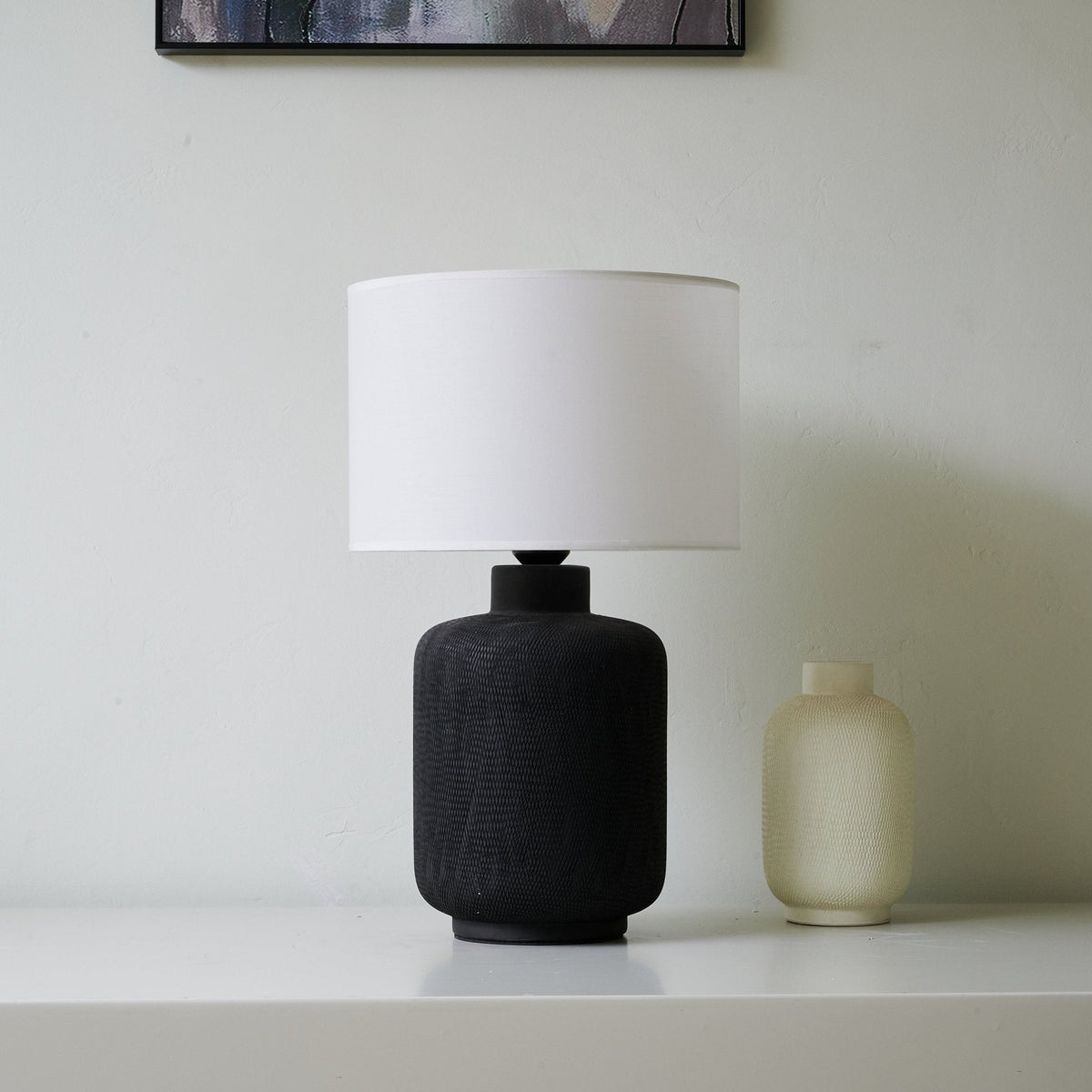 Nocturne Textured Black Ceramic Table Lamp with White Drum Shade