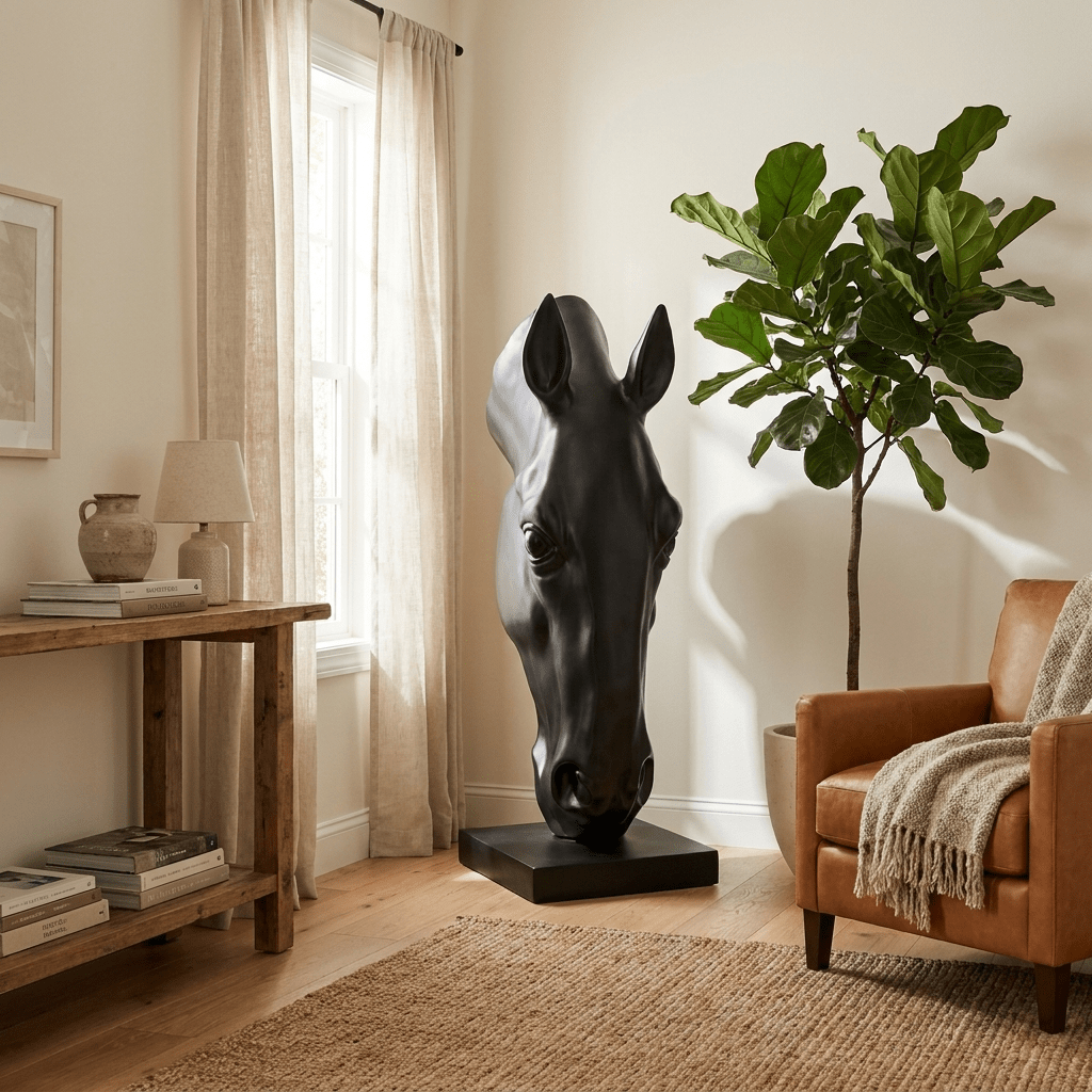 Noir Equine Head Sculpture – Modern Matte Black Horse Bust for Luxury Interiors