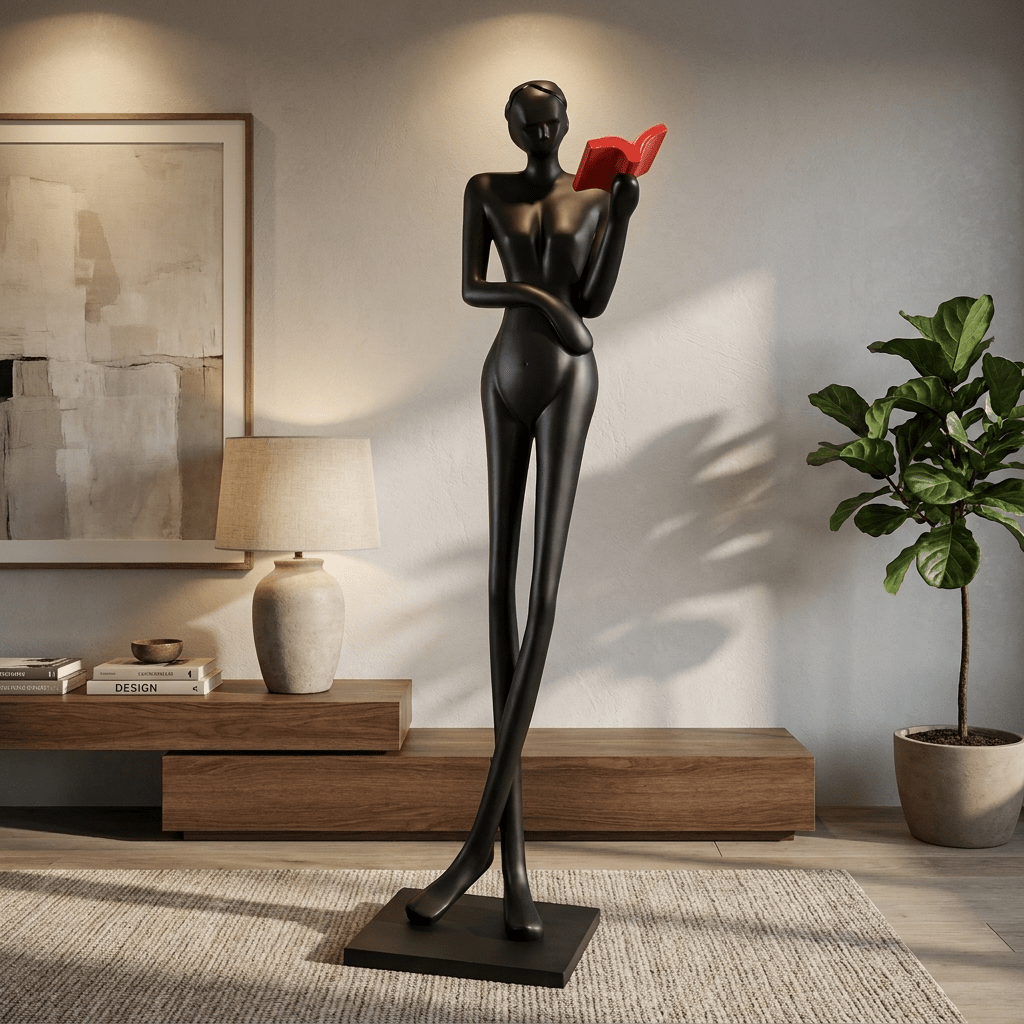 Noir Muse Reading Sculpture – Modern Figurative Art Lamp for Living Spaces