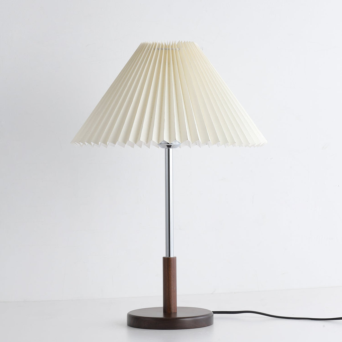 Noora Pleated Table Lamp with Walnut Wood Accent and Chrome Stem