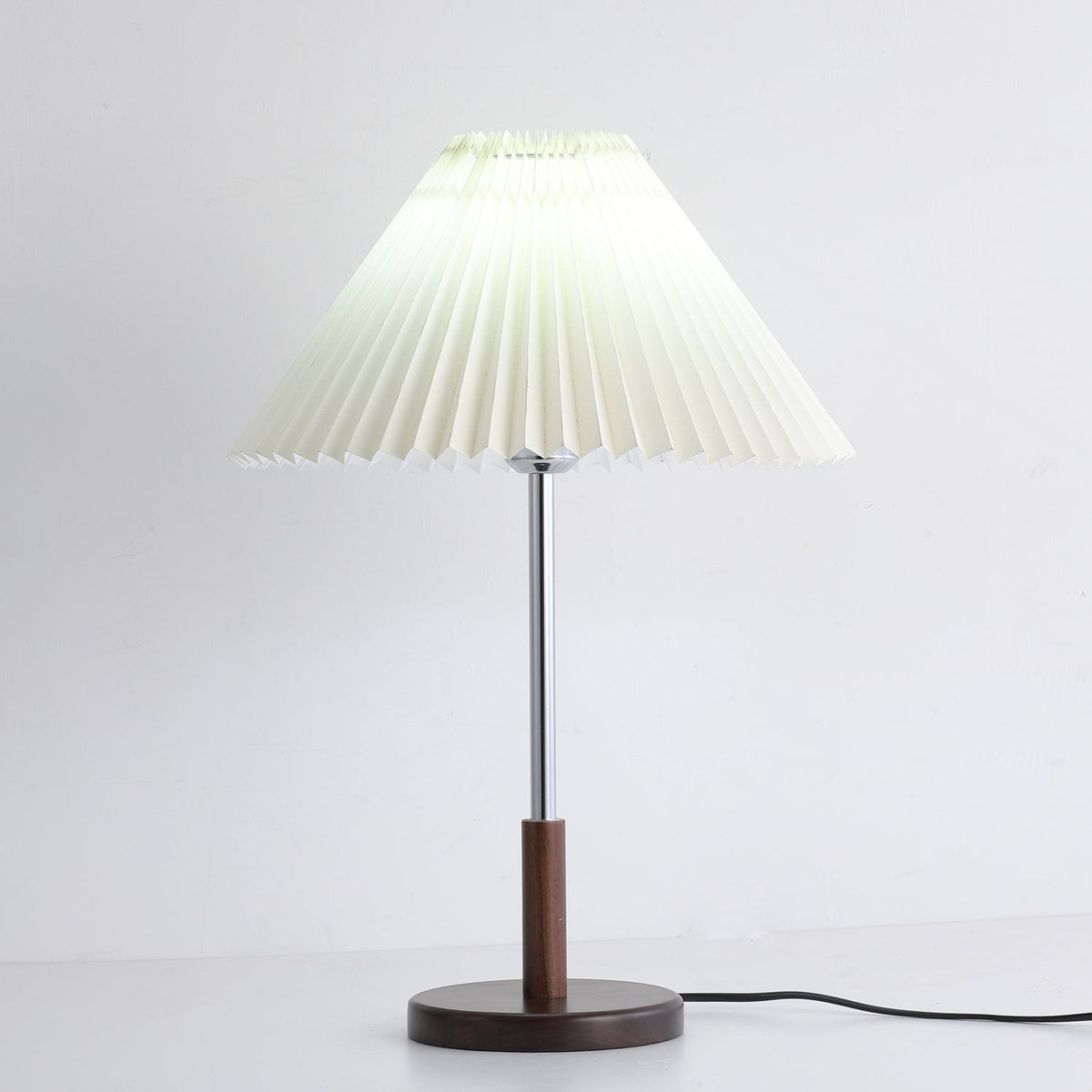 Noora Pleated Table Lamp with Walnut Wood Accent and Chrome Stem