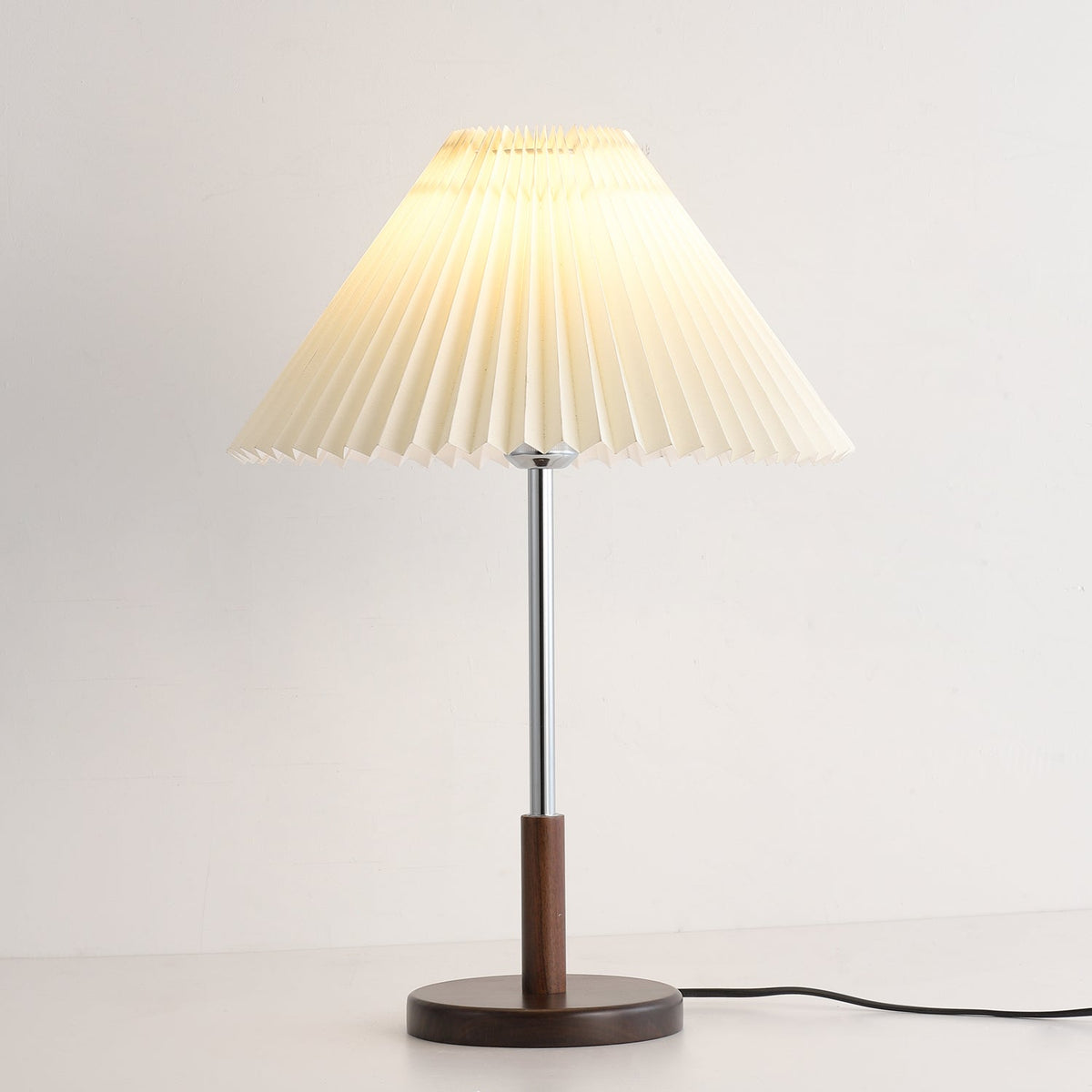 Noora Pleated Table Lamp with Walnut Wood Accent and Chrome Stem
