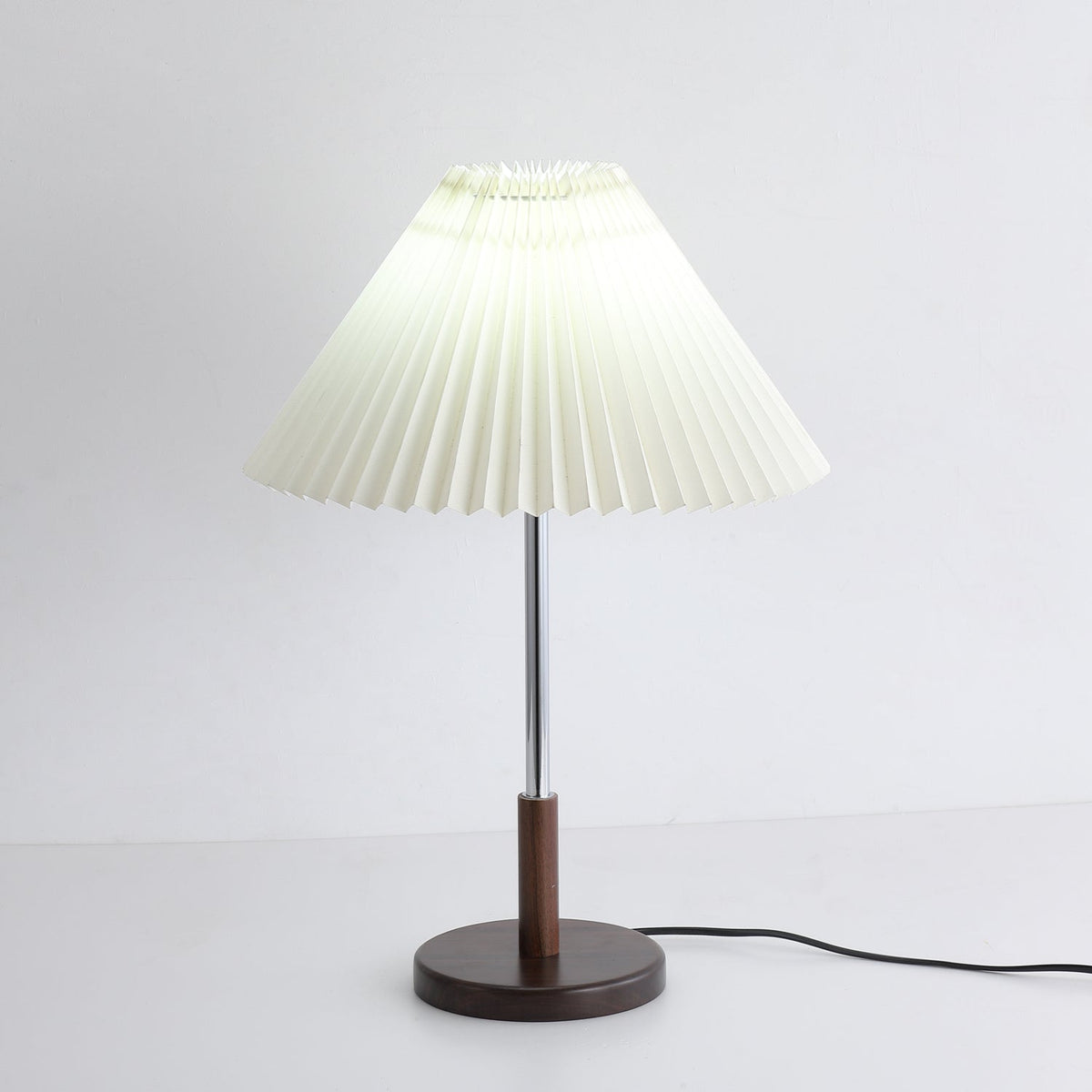 Noora Pleated Table Lamp with Walnut Wood Accent and Chrome Stem