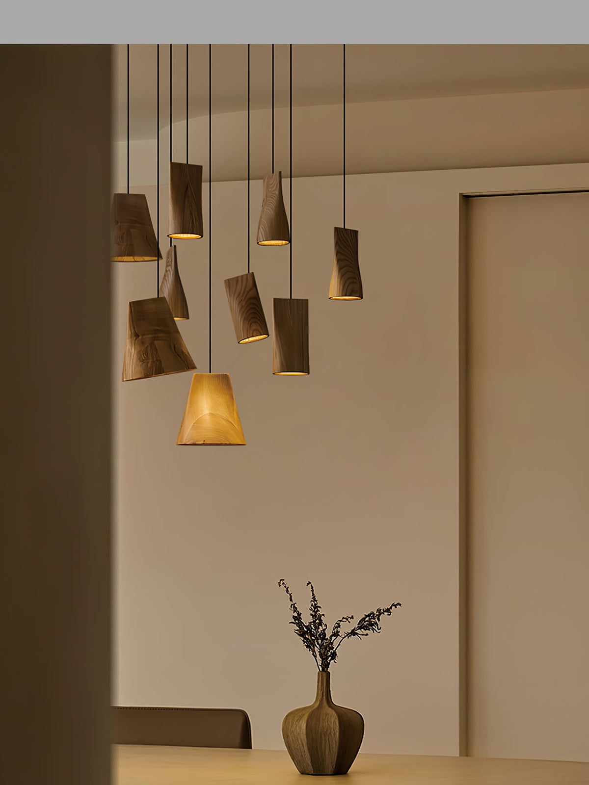 Nordic Tilted Wood Pendant Light – Asymmetric Natural Wood Shade