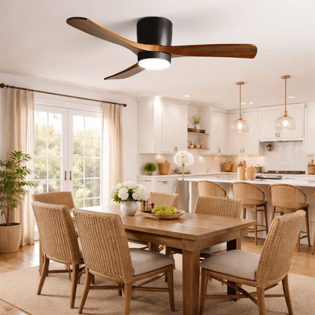 Nordic Wood Ceiling Fan with LED Light – Modern Flush Mount for Living Spaces