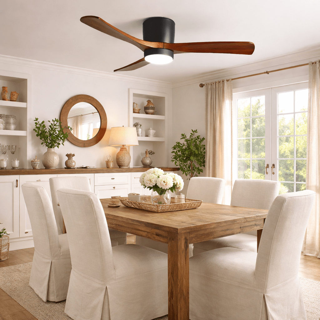 Nordic Wood Ceiling Fan with LED Light – Modern Flush Mount for Living Spaces