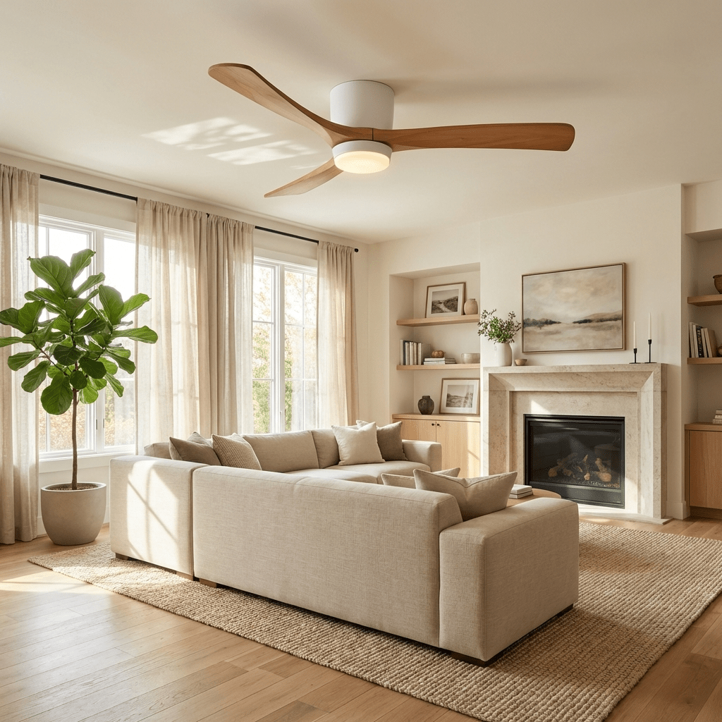 Nordic Wood Ceiling Fan with LED Light – Modern Flush Mount for Living Spaces