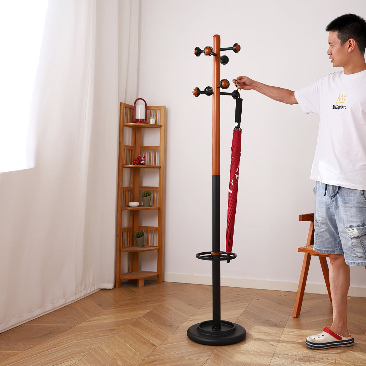 Scandinavian Solid Wood Coat Rack with Black Metal Accents