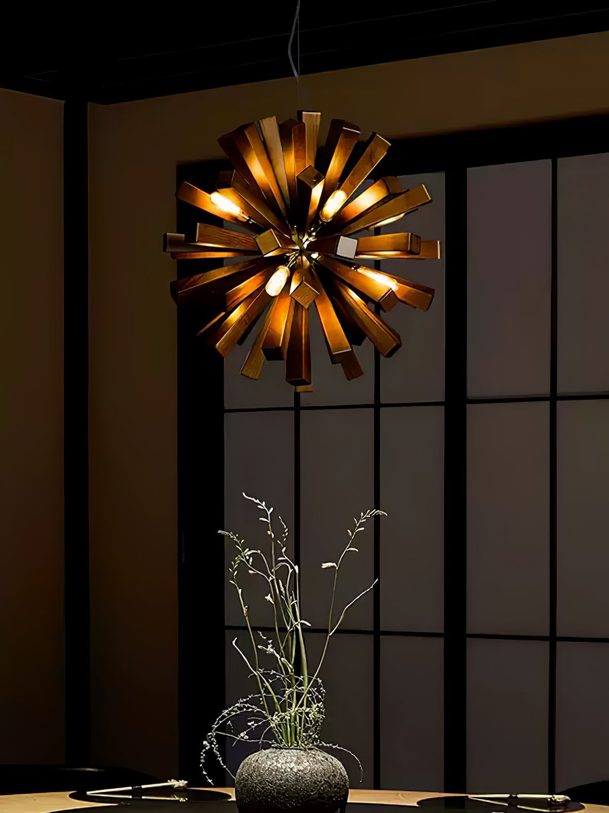 Nova Burst Wooden Chandelier – Modern Sculptural LED Pendant Light