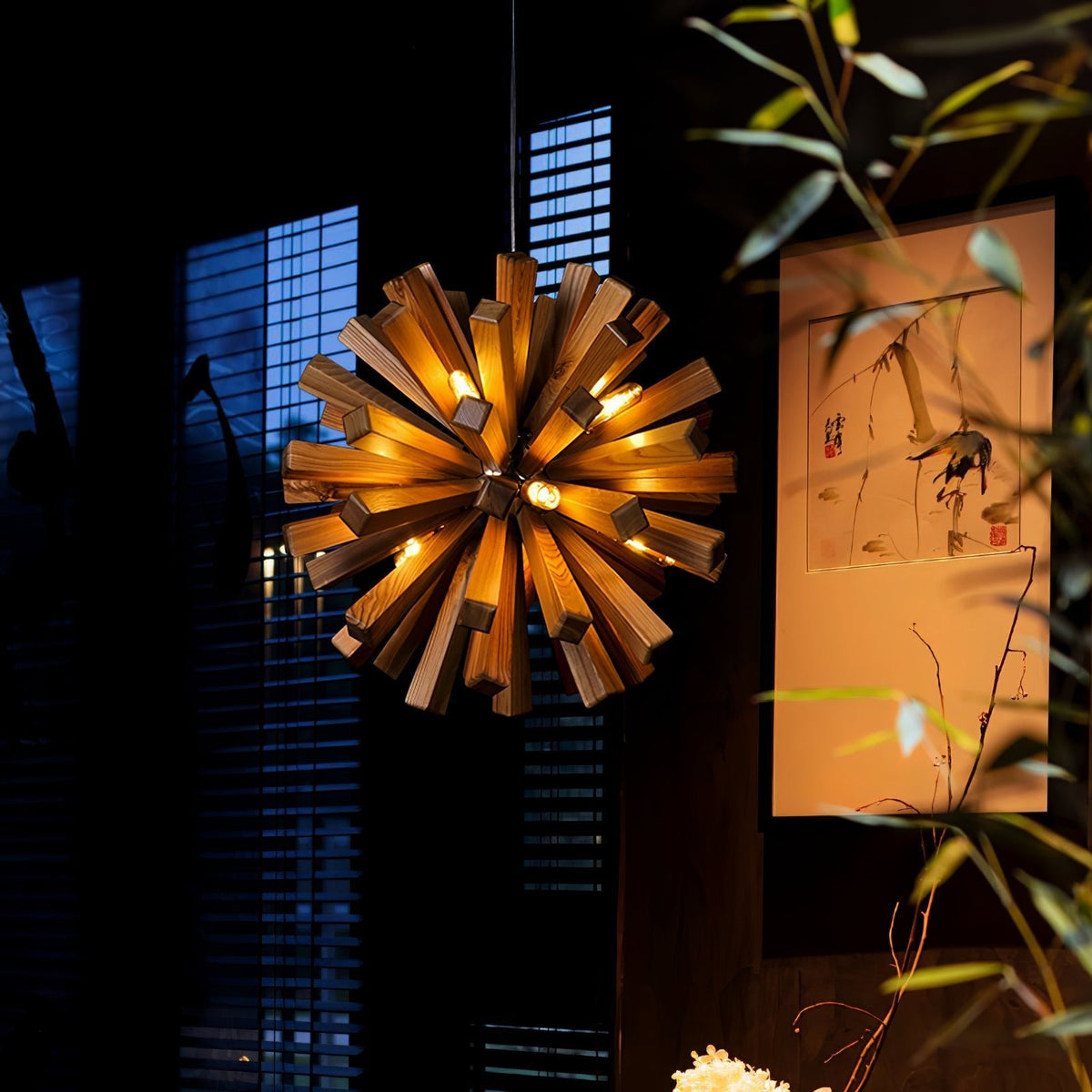 Nova Burst Wooden Chandelier – Modern Sculptural LED Pendant Light