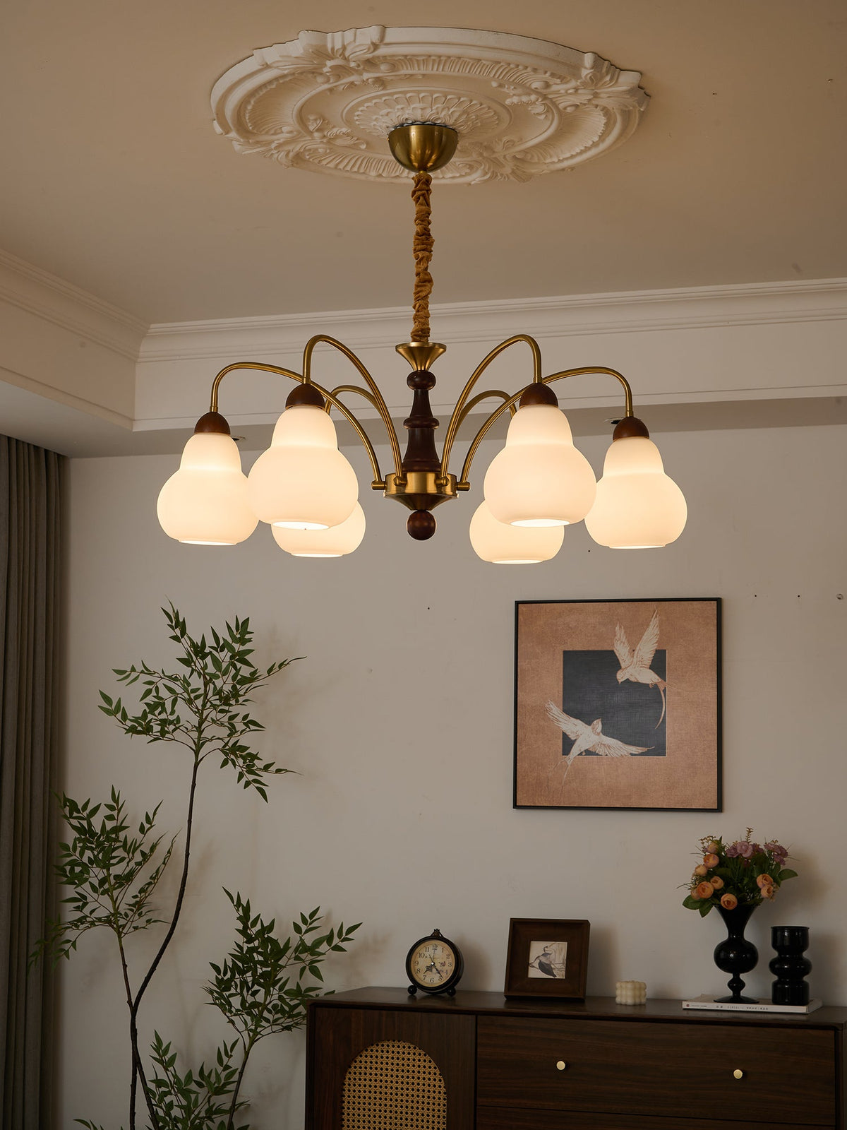Novelle Chandelier — Modern Glass and Walnut Wood Pendant Light for Dining Room and Living Room