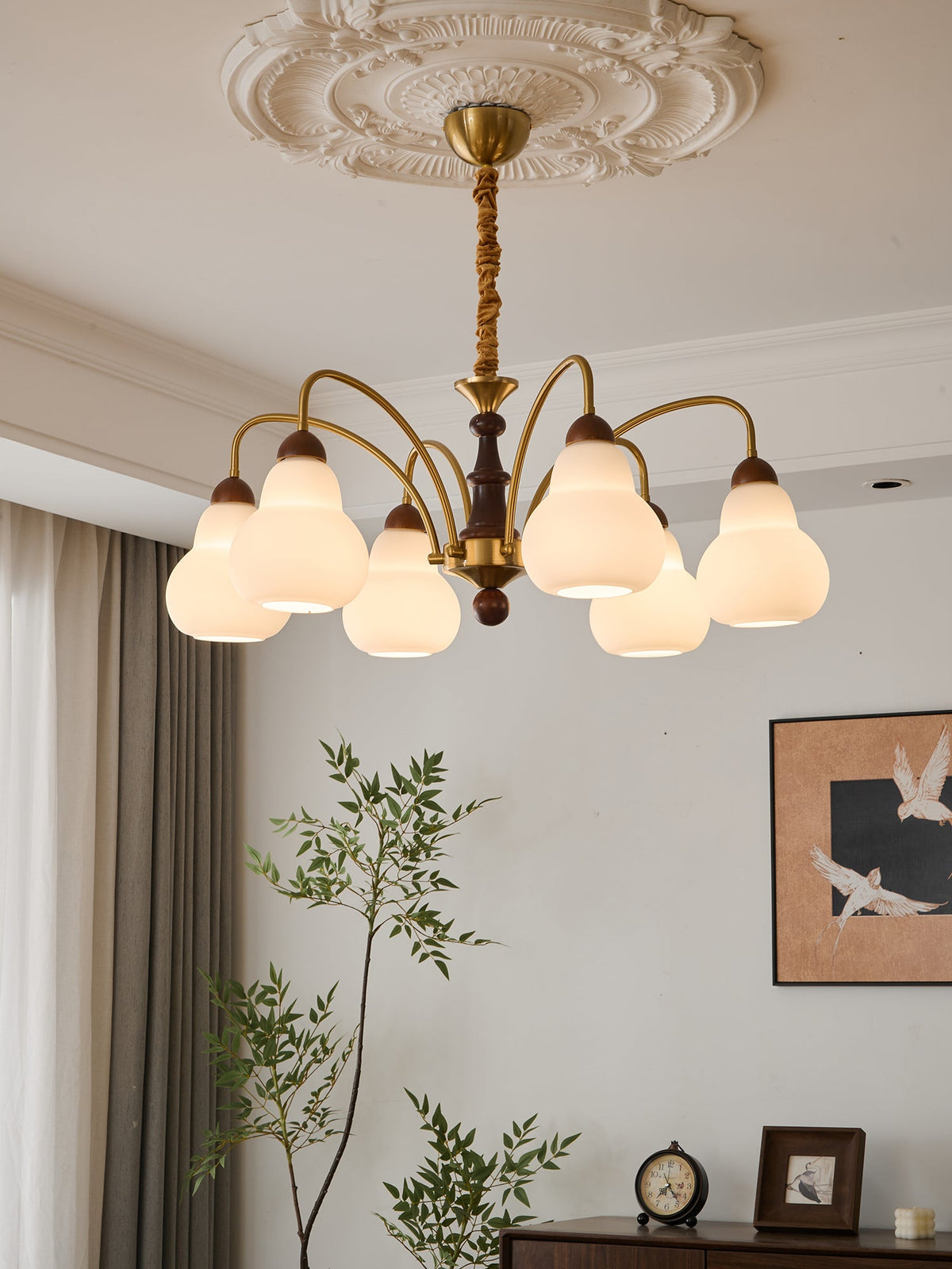 Novelle Chandelier — Modern Glass and Walnut Wood Pendant Light for Dining Room and Living Room