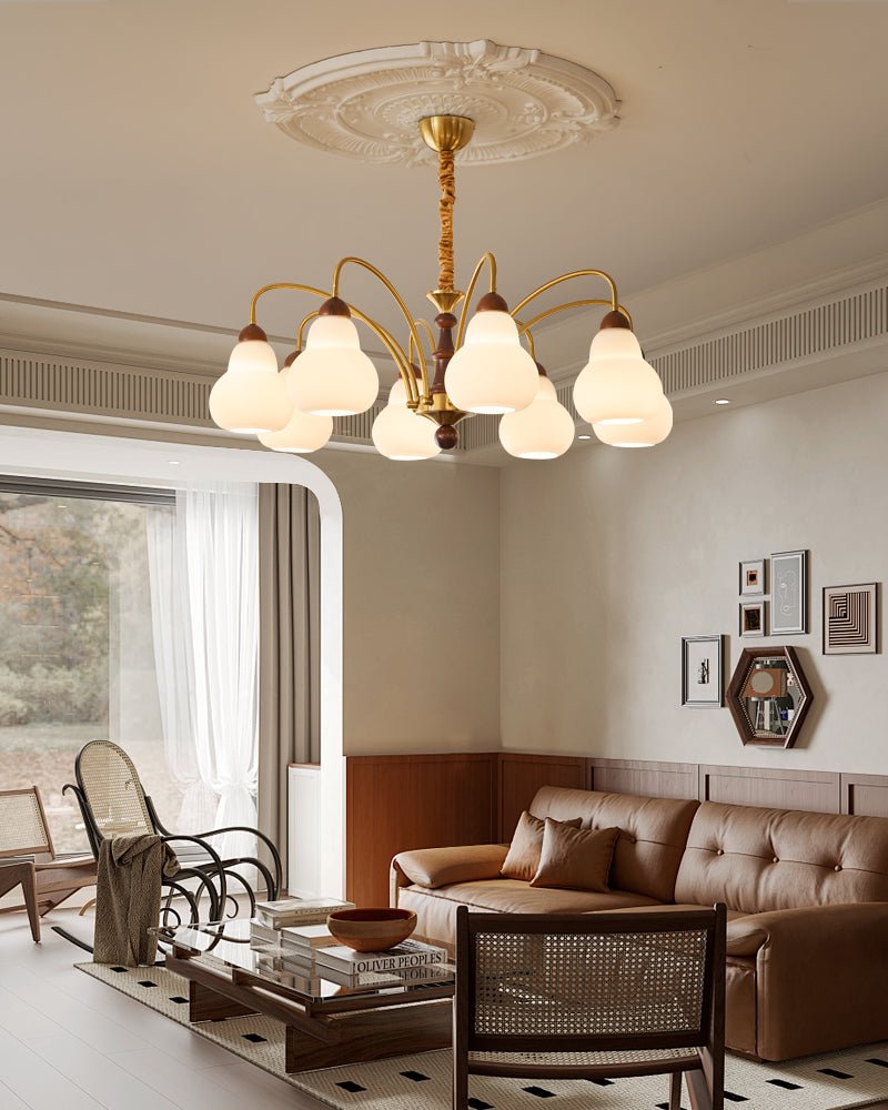 Novelle Chandelier — Modern Glass and Walnut Wood Pendant Light for Dining Room and Living Room