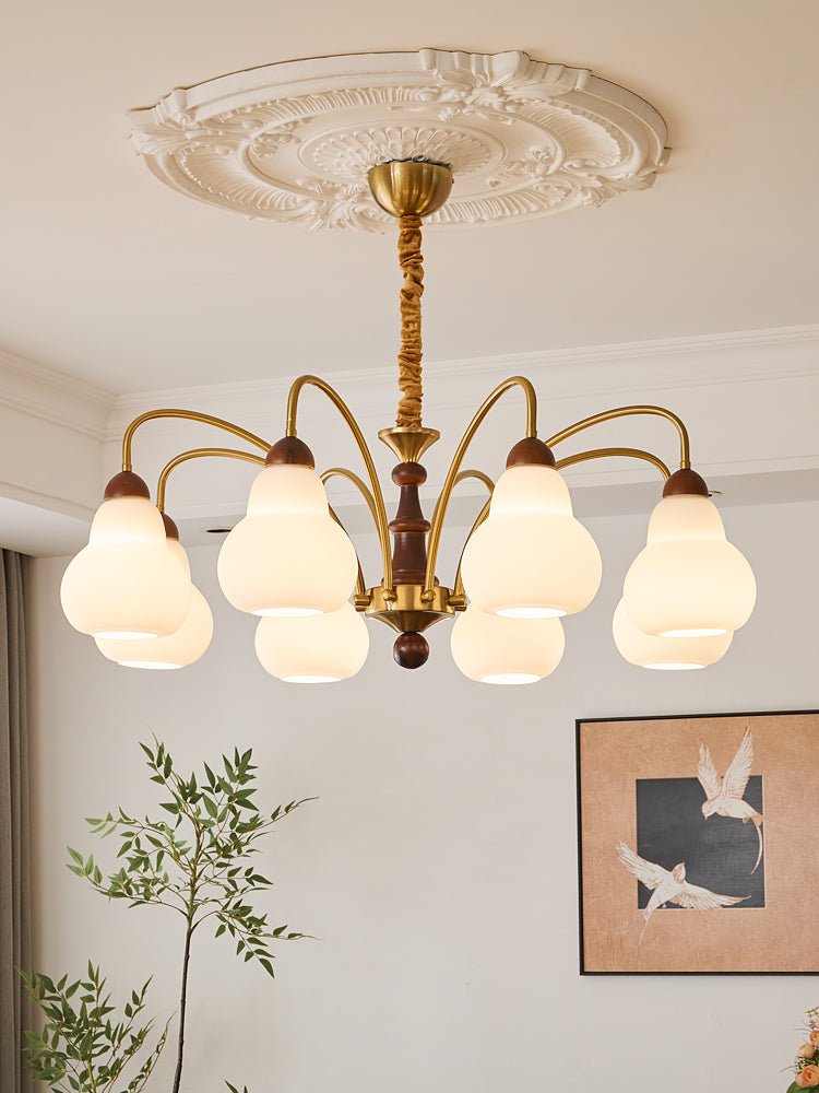 Novelle Chandelier — Modern Glass and Walnut Wood Pendant Light for Dining Room and Living Room