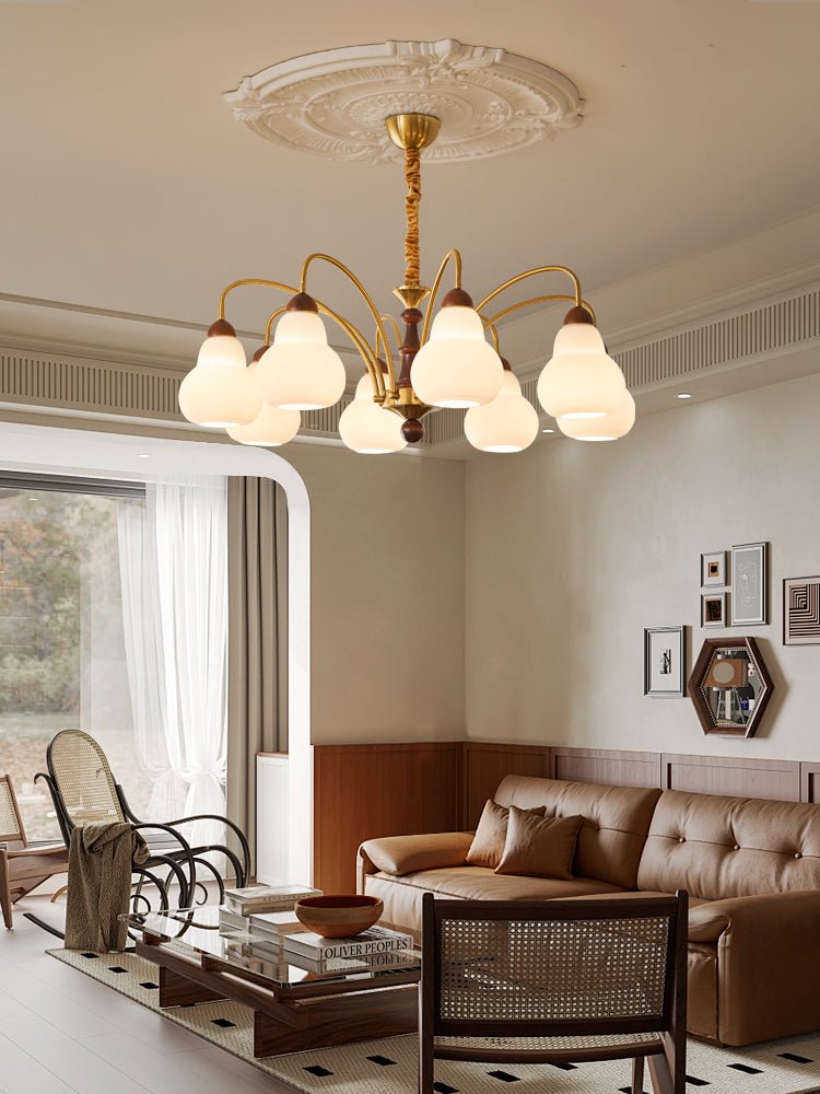 Novelle Chandelier — Modern Glass and Walnut Wood Pendant Light for Dining Room and Living Room