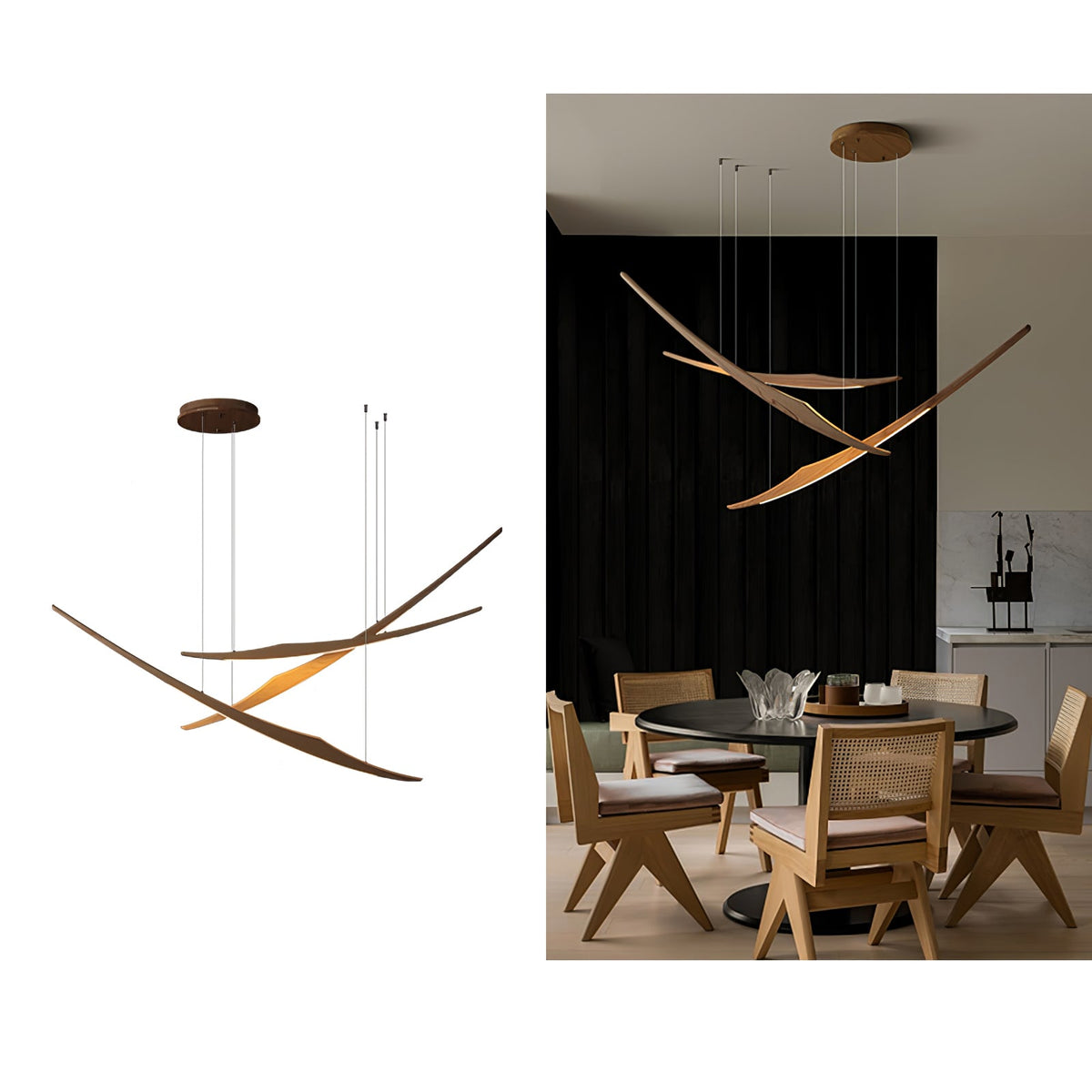 Skytrace Sculptural Wood LED Pendant Light, Modern Linear Chandelier