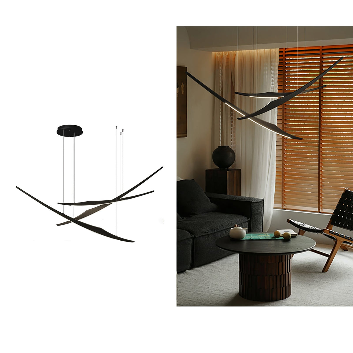 Skytrace Sculptural Wood LED Pendant Light, Modern Linear Chandelier