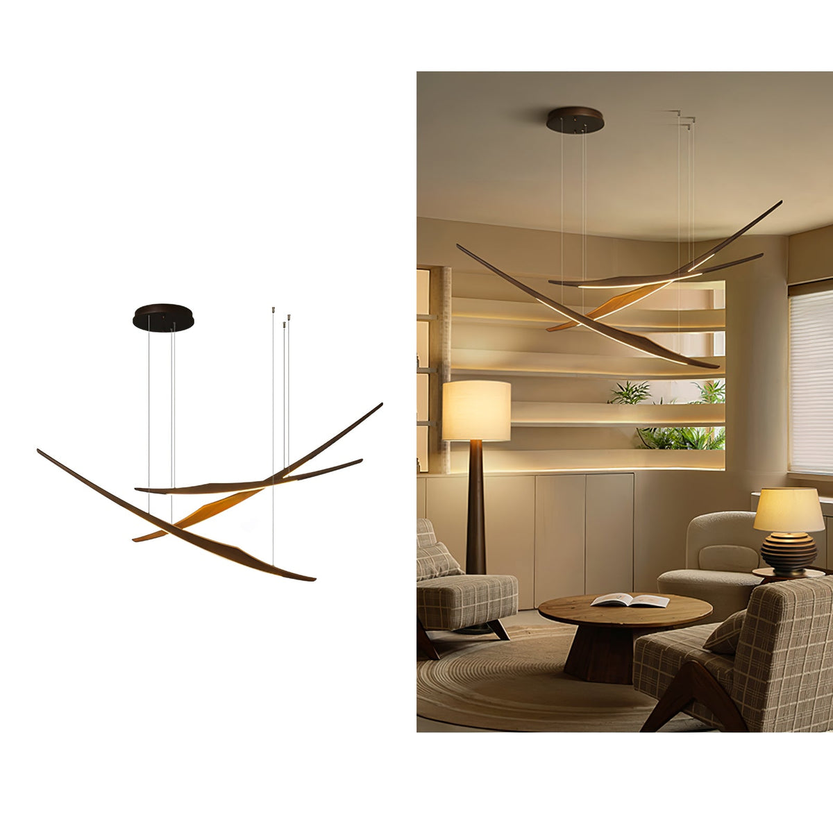 Skytrace Sculptural Wood LED Pendant Light, Modern Linear Chandelier