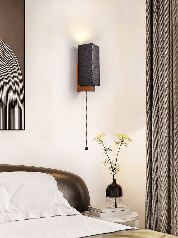 Obsidian Glow Wall Sconce — Black Travertine & Walnut Geometric Wall Light