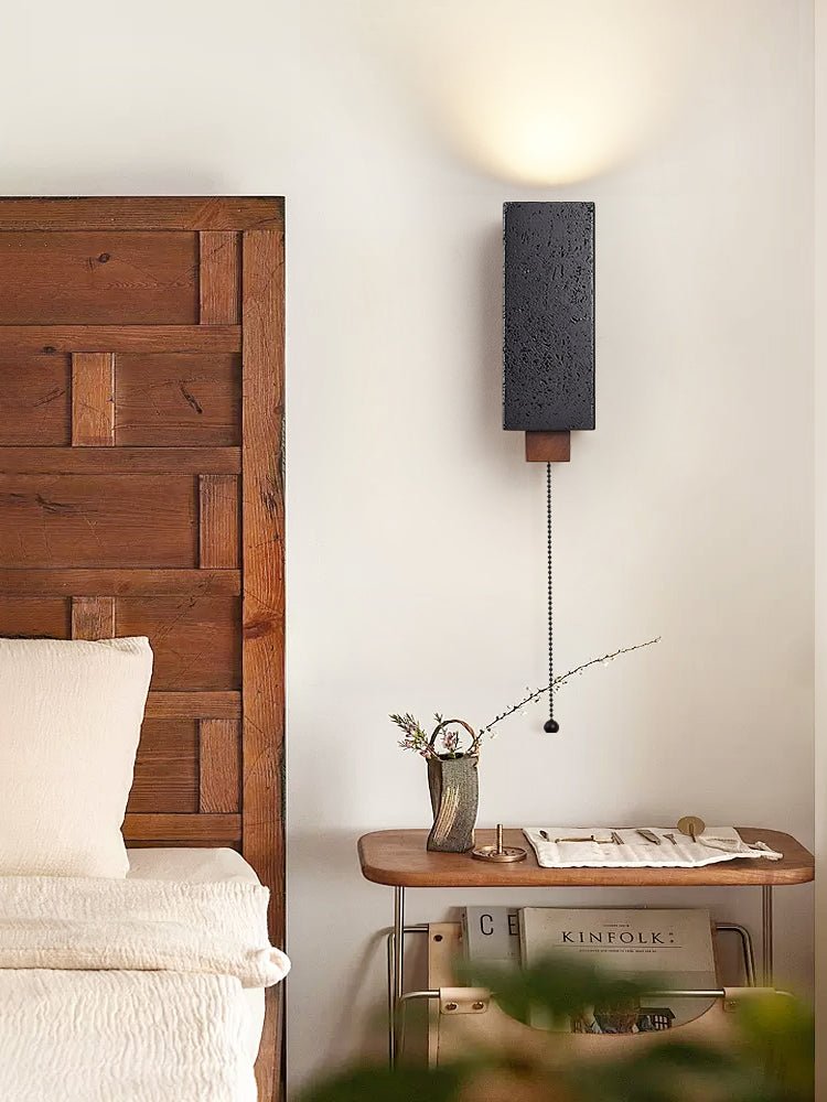 Obsidian Glow Wall Sconce — Black Travertine & Walnut Geometric Wall Light