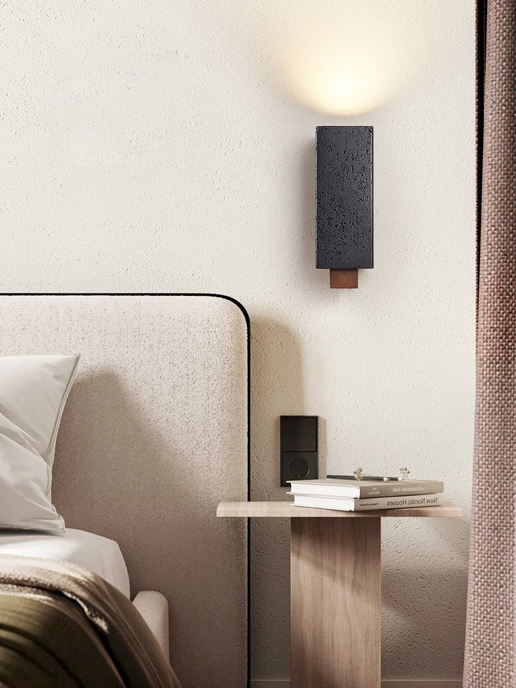 Obsidian Glow Wall Sconce — Black Travertine & Walnut Geometric Wall Light