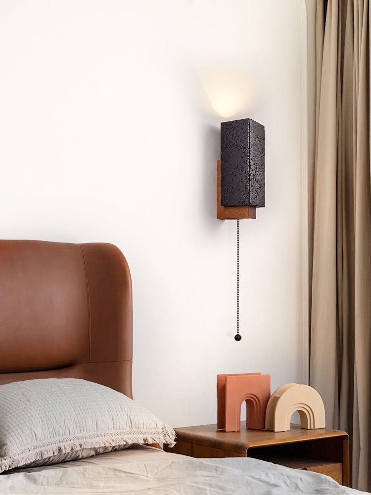 Obsidian Glow Wall Sconce — Black Travertine & Walnut Geometric Wall Light