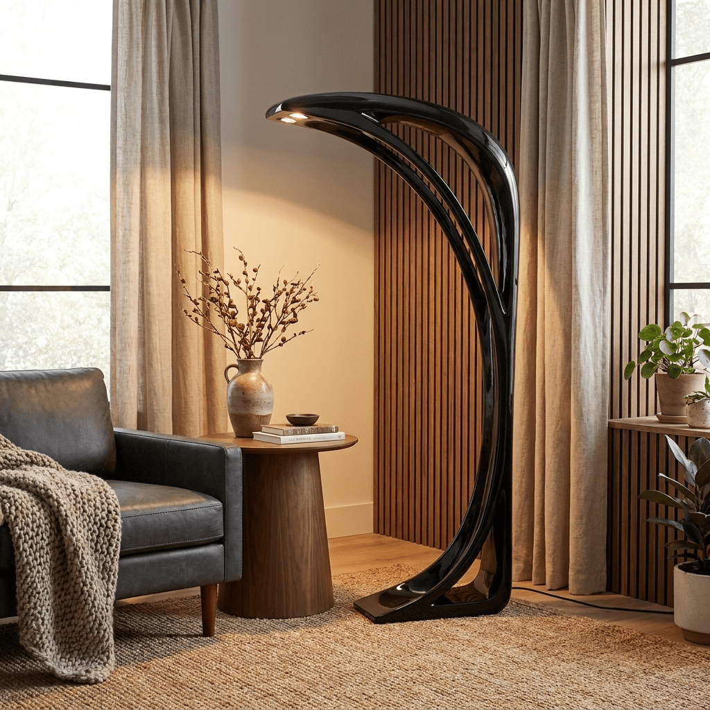 Obsidian Curve LED Floor Lamp – Modern Sculptural Lighting for Living Room & Bedroom