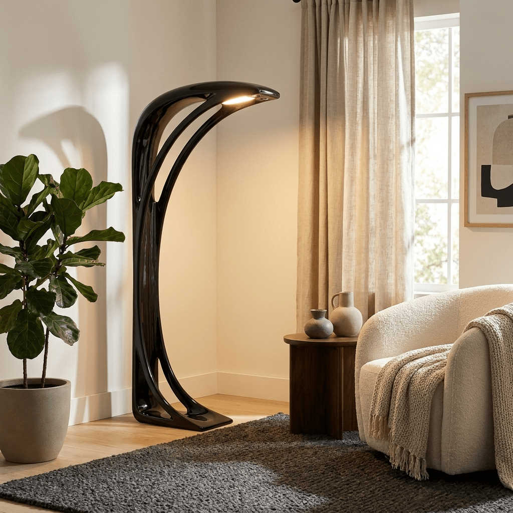 Obsidian Curve LED Floor Lamp – Modern Sculptural Lighting for Living Room & Bedroom