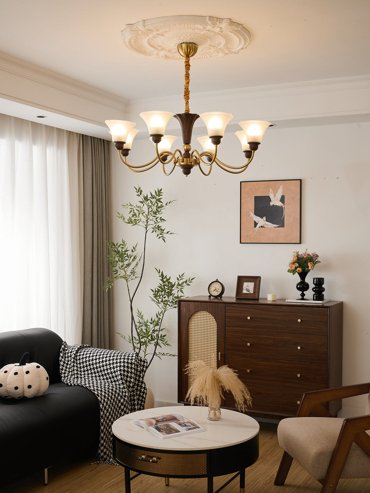 Octavia Modern Wood and Glass Chandelier, Eight-Light Gold Accent Pendant for Dining Room and Living Room