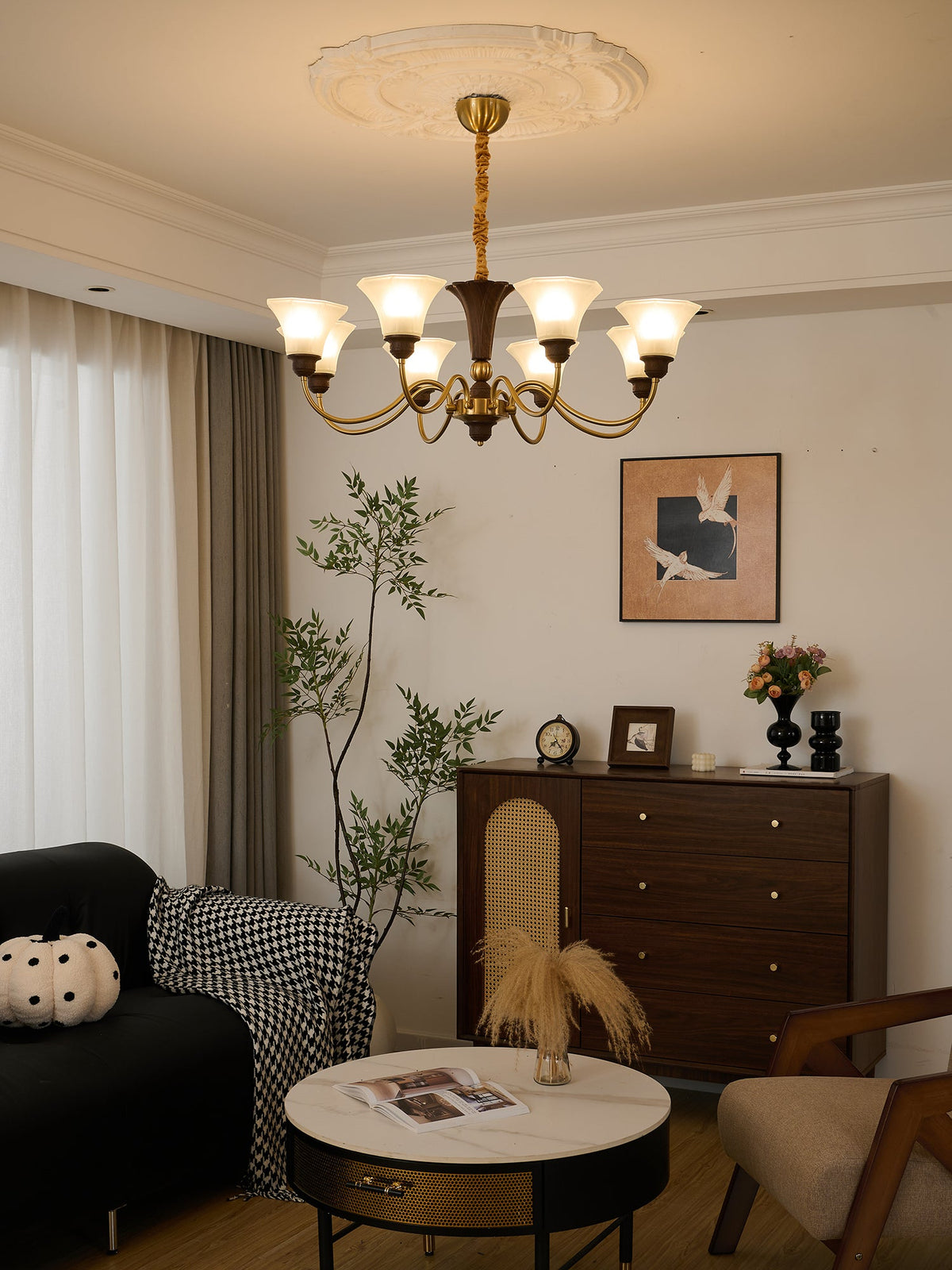 Octavia Modern Wood and Glass Chandelier, Eight-Light Gold Accent Pendant for Dining Room and Living Room