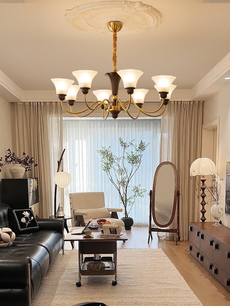 Octavia Modern Wood and Glass Chandelier, Eight-Light Gold Accent Pendant for Dining Room and Living Room