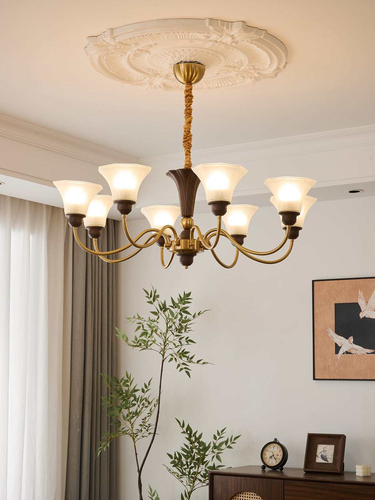Octavia Modern Wood and Glass Chandelier, Eight-Light Gold Accent Pendant for Dining Room and Living Room