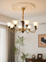 Octavia Modern Wood and Glass Chandelier, Eight-Light Gold Accent Pendant for Dining Room and Living Room