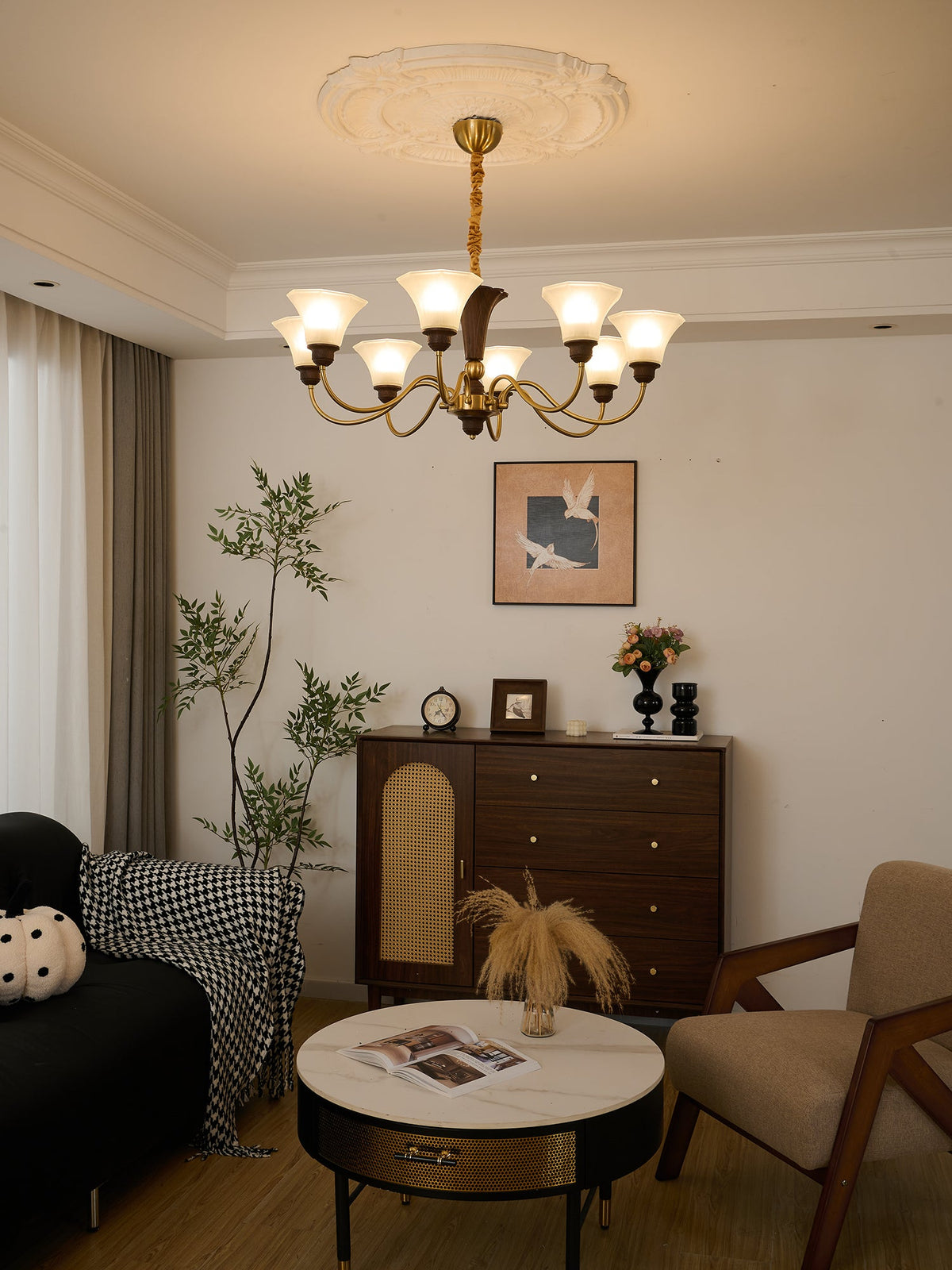 Octavia Modern Wood and Glass Chandelier, Eight-Light Gold Accent Pendant for Dining Room and Living Room