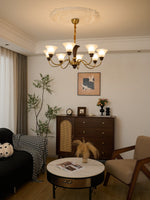 Octavia Modern Wood and Glass Chandelier, Eight-Light Gold Accent Pendant for Dining Room and Living Room