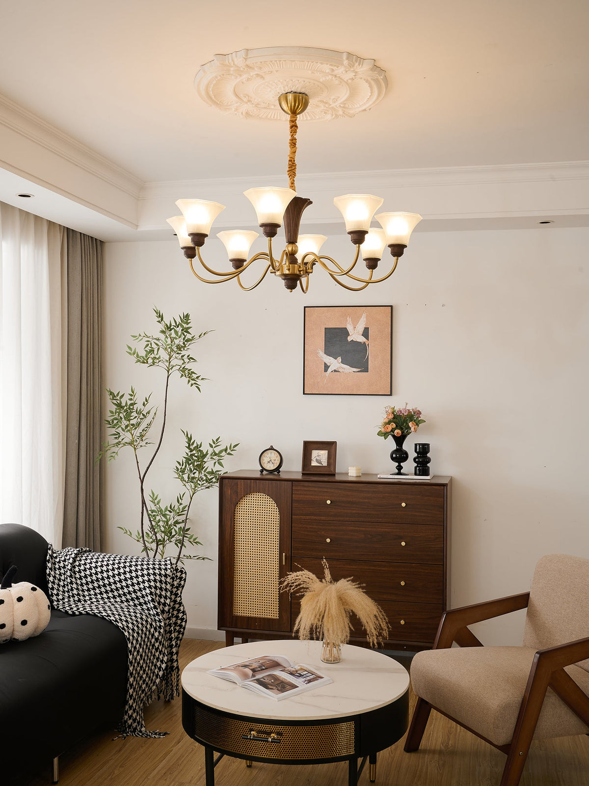Octavia Modern Wood and Glass Chandelier, Eight-Light Gold Accent Pendant for Dining Room and Living Room