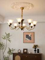 Octavia Modern Wood and Glass Chandelier, Eight-Light Gold Accent Pendant for Dining Room and Living Room