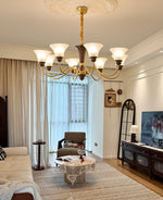 Octavia Modern Wood and Glass Chandelier, Eight-Light Gold Accent Pendant for Dining Room and Living Room