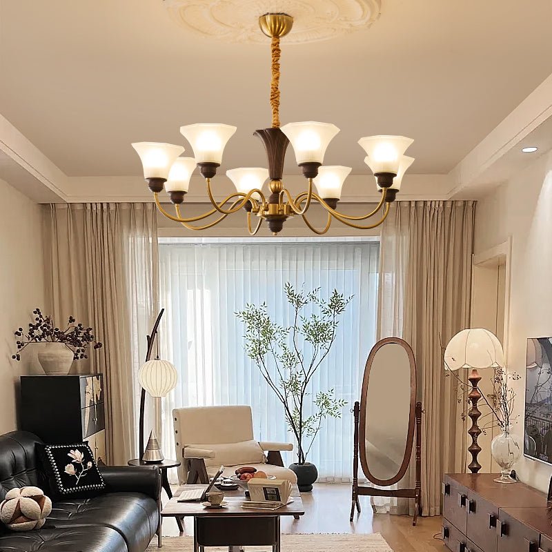 Octavia Modern Wood and Glass Chandelier, Eight-Light Gold Accent Pendant for Dining Room and Living Room