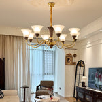 Octavia Modern Wood and Glass Chandelier, Eight-Light Gold Accent Pendant for Dining Room and Living Room