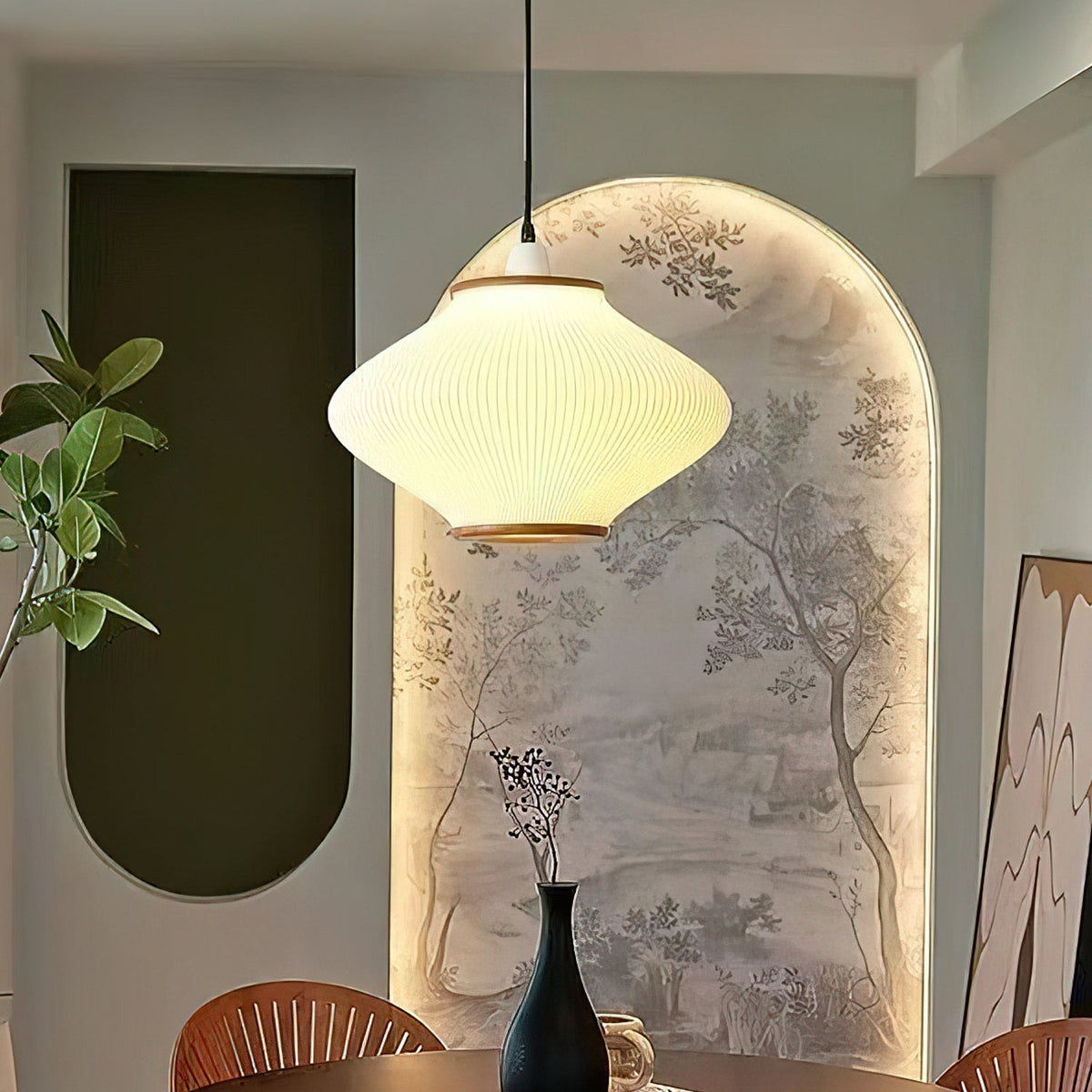 Olivra Fabric Pendant Light with Walnut Wood Accents for Dining and Living Spaces