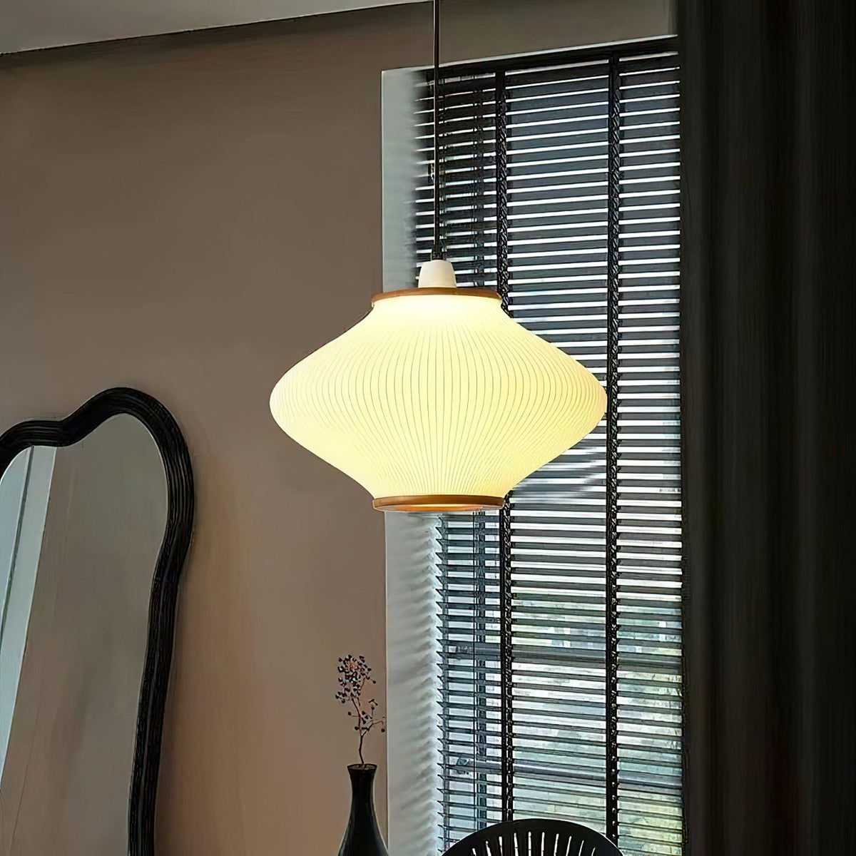 Olivra Fabric Pendant Light with Walnut Wood Accents for Dining and Living Spaces