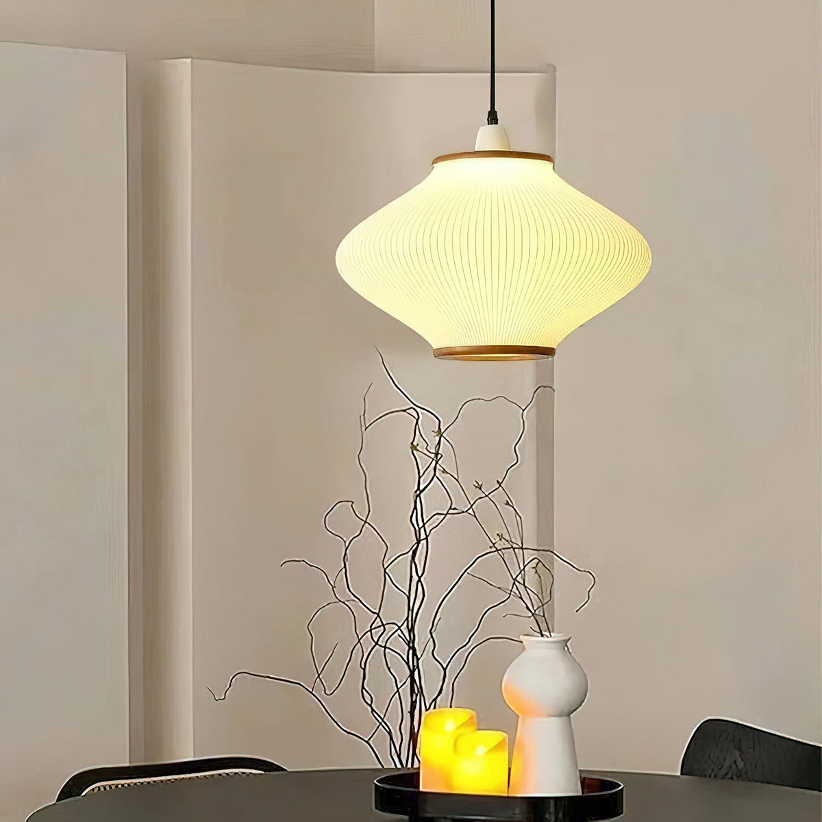 Olivra Fabric Pendant Light with Walnut Wood Accents for Dining and Living Spaces