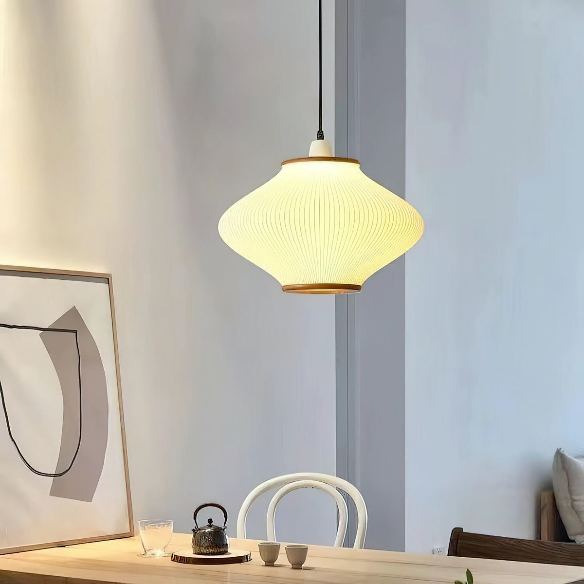 Olivra Fabric Pendant Light with Walnut Wood Accents for Dining and Living Spaces