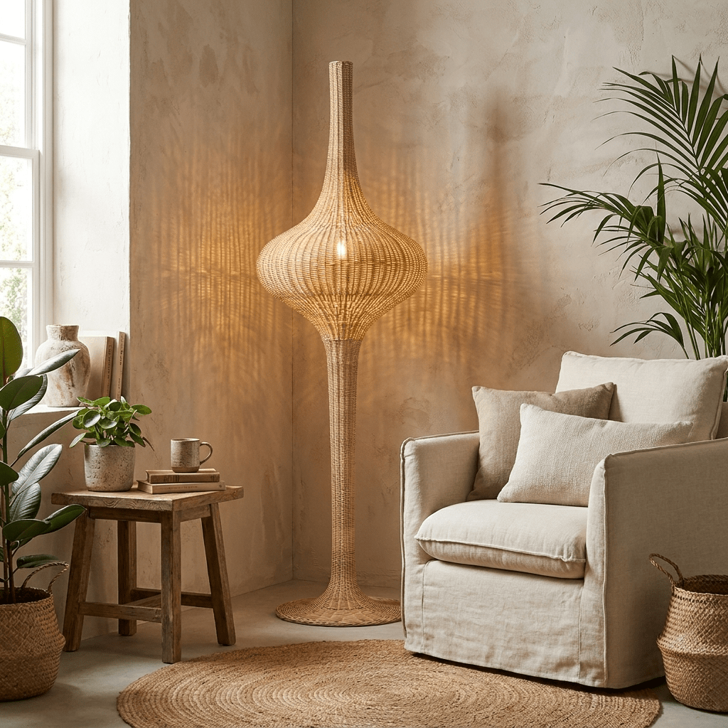 Onion Handwoven Rattan Floor Lamp – Sculptural Natural Fiber Lighting for Living Room & Bedroom