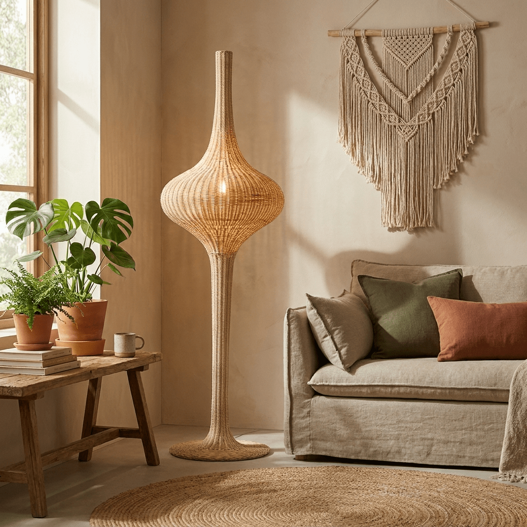Onion Handwoven Rattan Floor Lamp – Sculptural Natural Fiber Lighting for Living Room & Bedroom