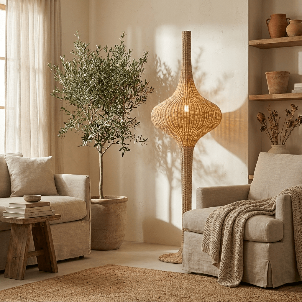Onion Handwoven Rattan Floor Lamp – Sculptural Natural Fiber Lighting for Living Room & Bedroom