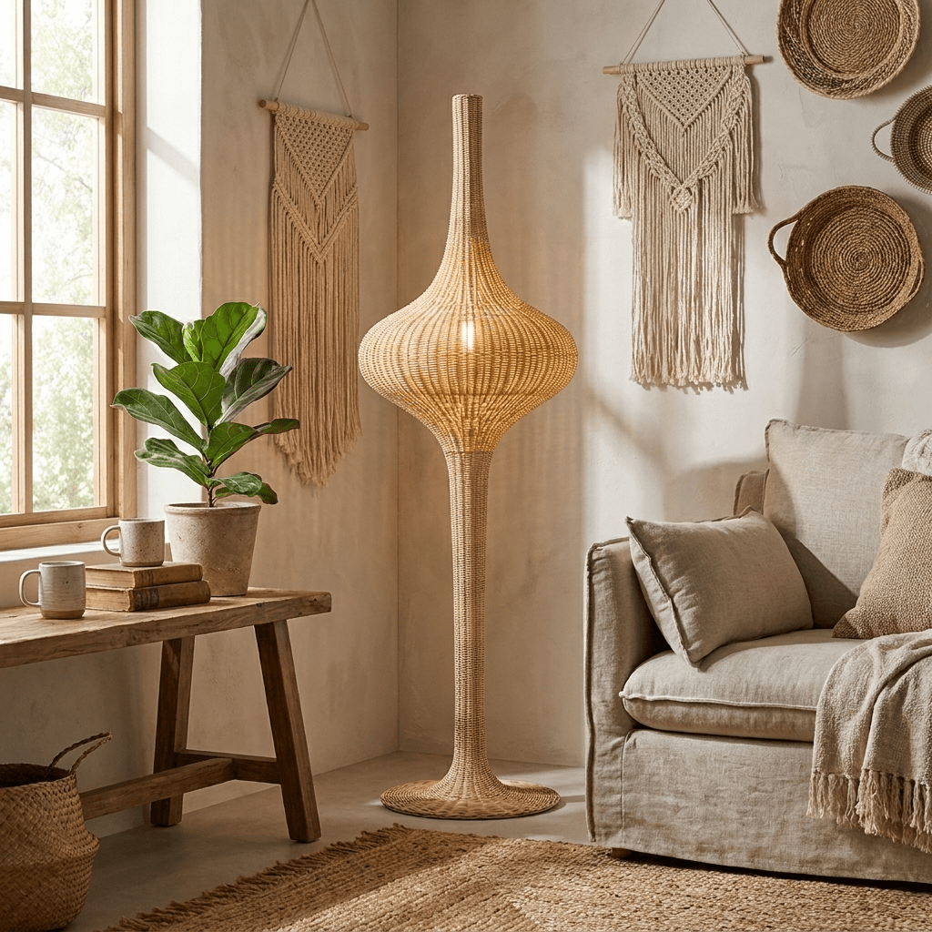 Onion Handwoven Rattan Floor Lamp – Sculptural Natural Fiber Lighting for Living Room & Bedroom